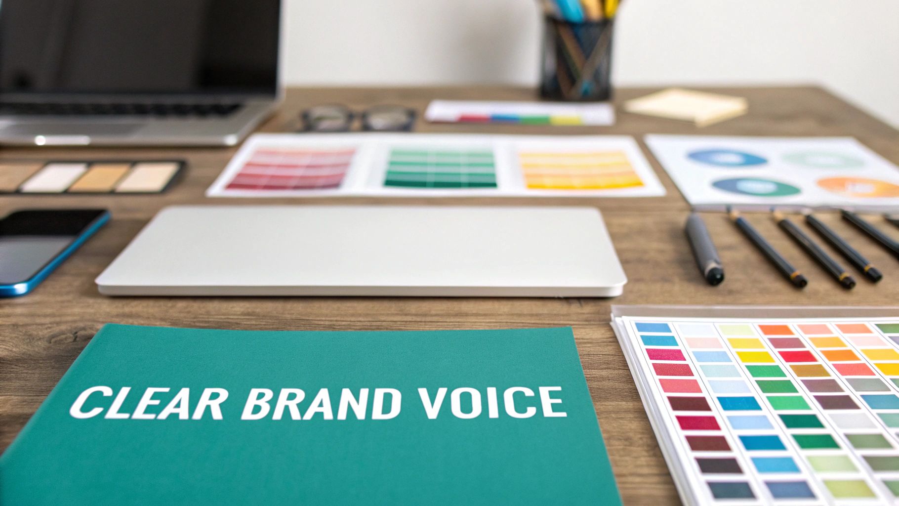 A professional desk setup featuring a 'Clear Brand Voice' document, color palettes, laptop, and design tools, signifying brand development.