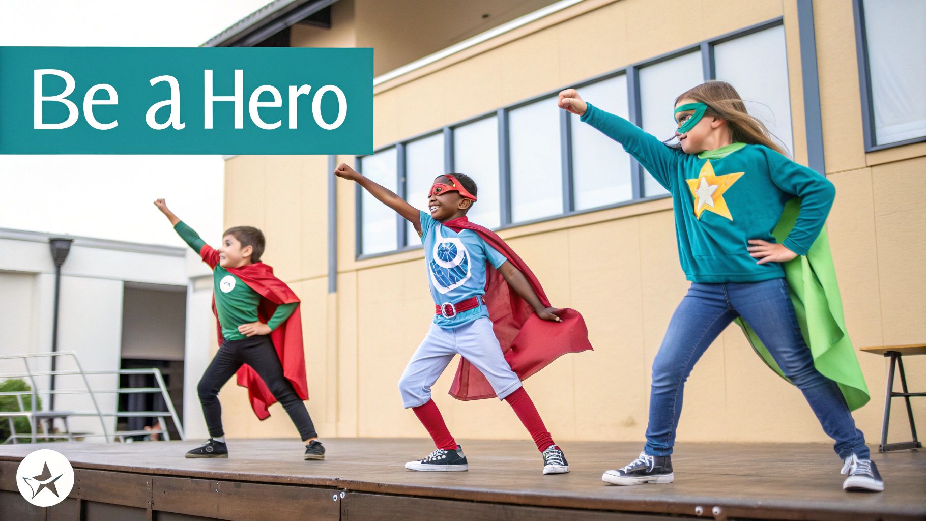 Three diverse children dressed as superheroes with capes and masks pose on a stage.