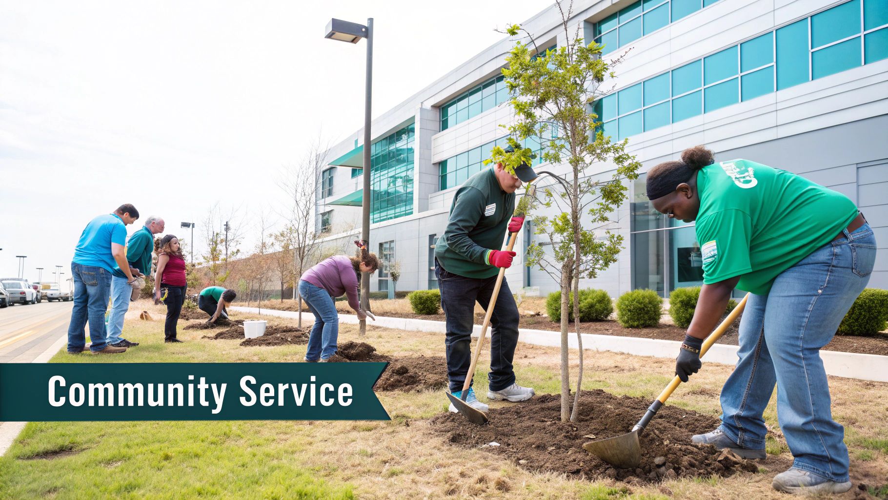 Volunteers engaging in community service, planting trees in a landscaped area outside a building.