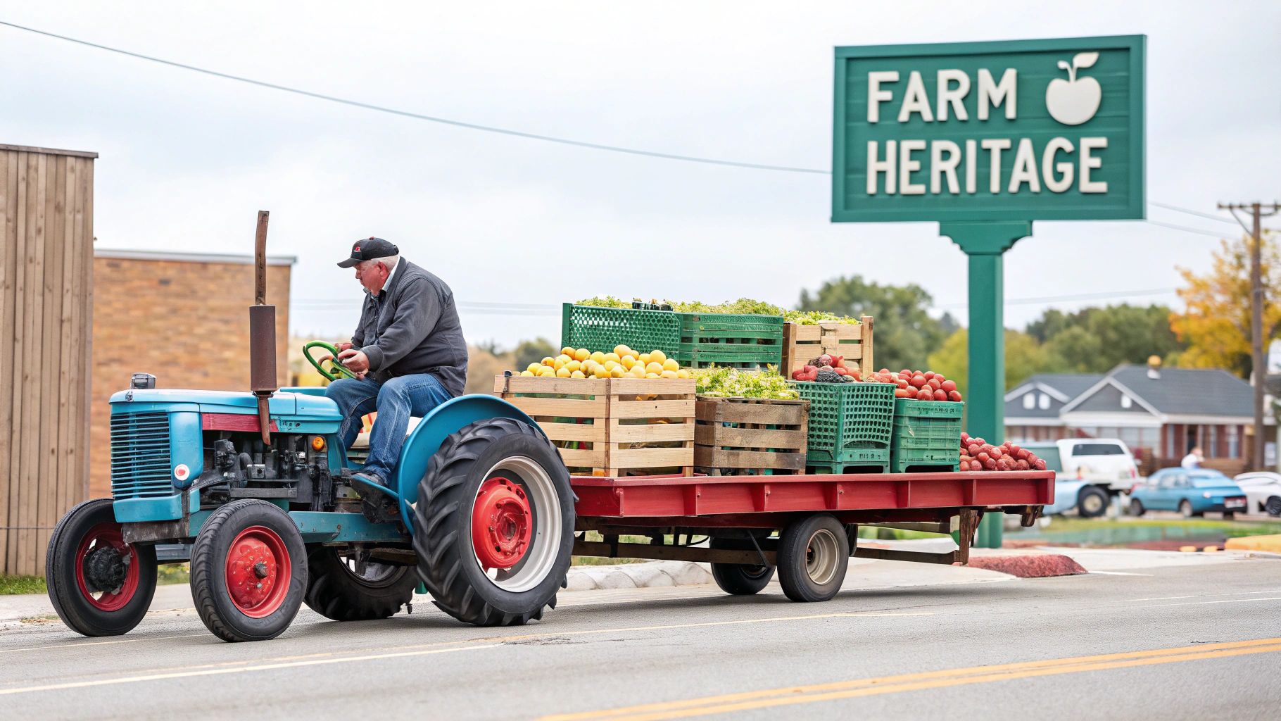 An older man drives a blue tractor pulling a trailer filled with fresh fruits and vegetables past a 'Farm Heritage' sign.
