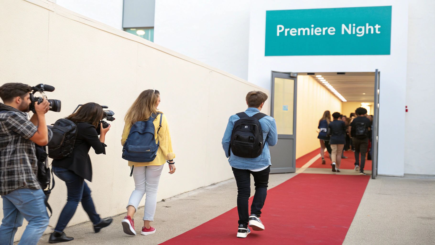 Attendees walk a red carpet into a "Premiere Night" event, with photographers capturing the moment.