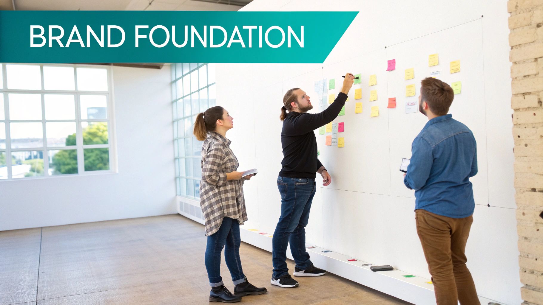 Three colleagues brainstorm brand foundation ideas, writing on sticky notes arranged on a white wall.