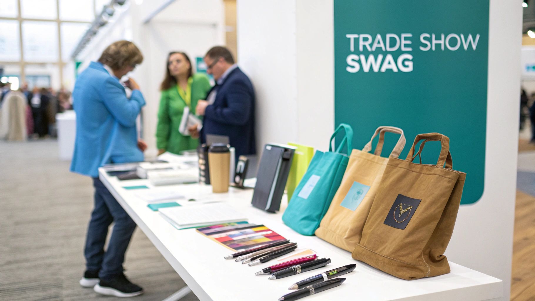 Branded pens and tote bags on display