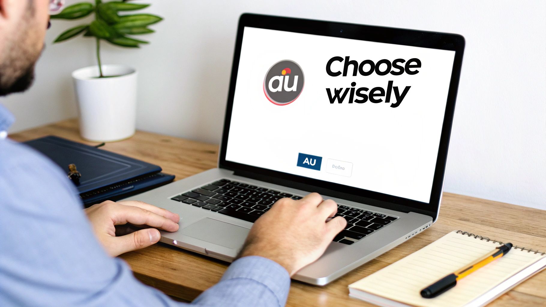 A person works on a laptop displaying an 'au' logo and 'Choose wisely' text.