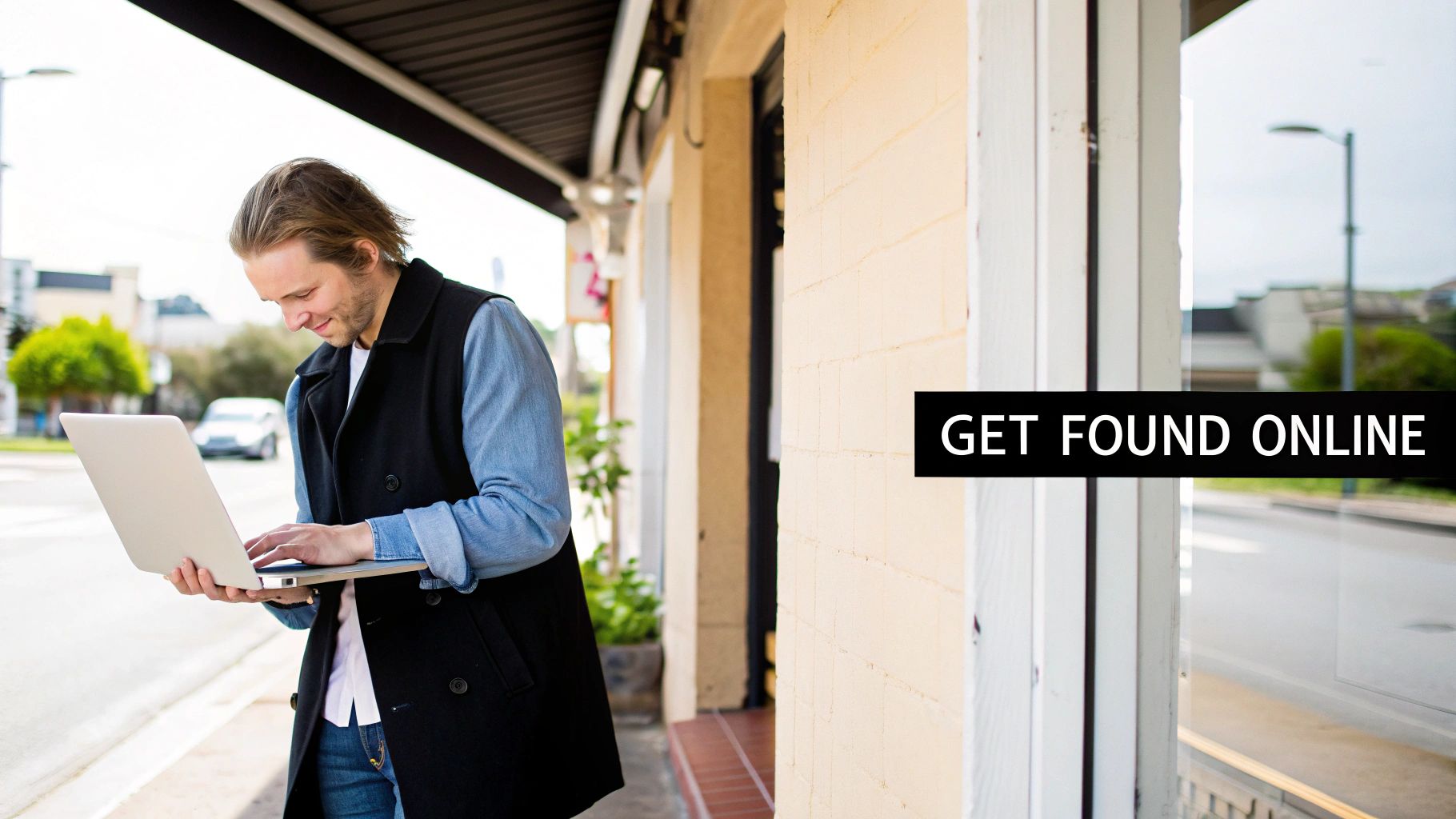 A smiling young man stands outside a building, focused on typing on a silver laptop.  A Guide on How to Build a Website From Scratch in Australia how to build a website from scratch laptop work