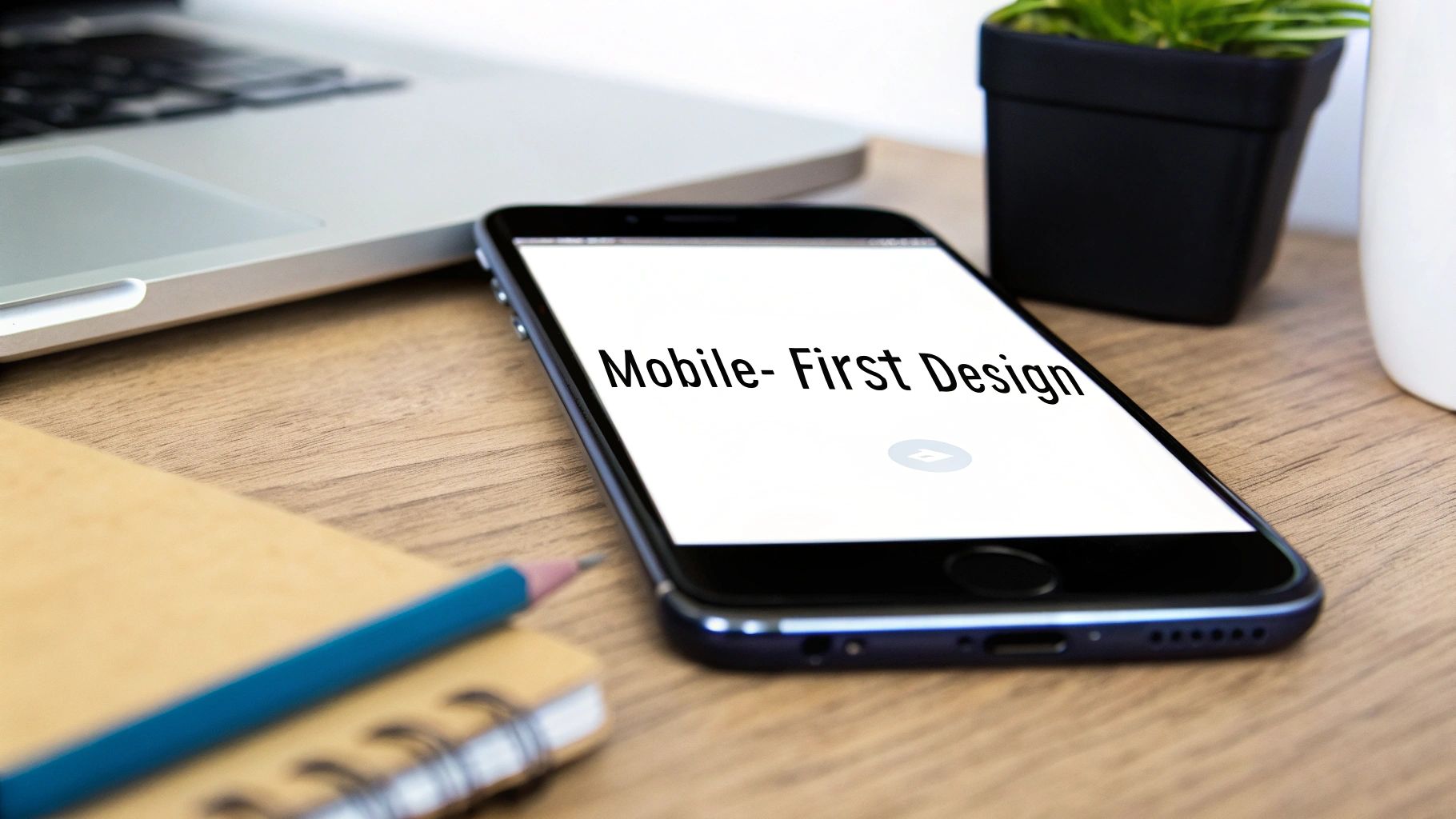A smartphone displaying 'Mobile- First Design' on a wooden desk with a laptop, notebook, and plant.  A Guide on How to Build a Website From Scratch in Australia how to build a website from scratch mobile design