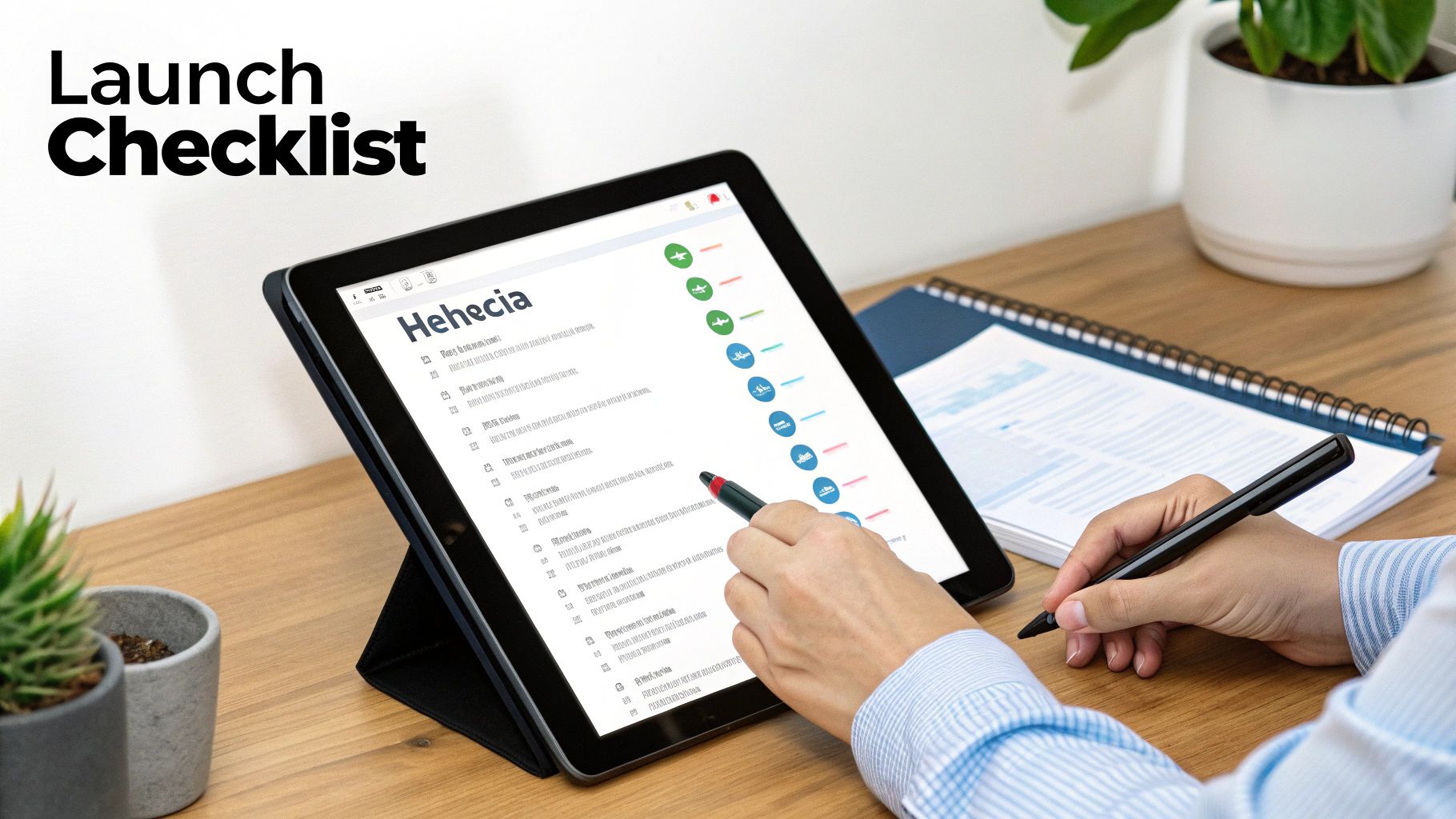 Person checking a digital 'Launch Checklist' on a tablet with a stylus, planning a project.  A Guide on How to Build a Website From Scratch in Australia how to build a website from scratch checklist