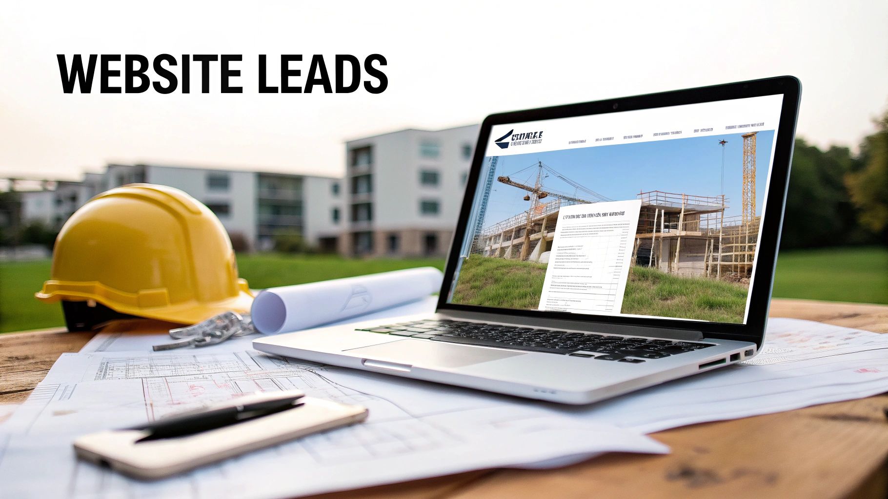 A laptop showing a construction website, hard hat, blueprints, and phone on a table outdoors, with 'WEBSITE LEADS' text.