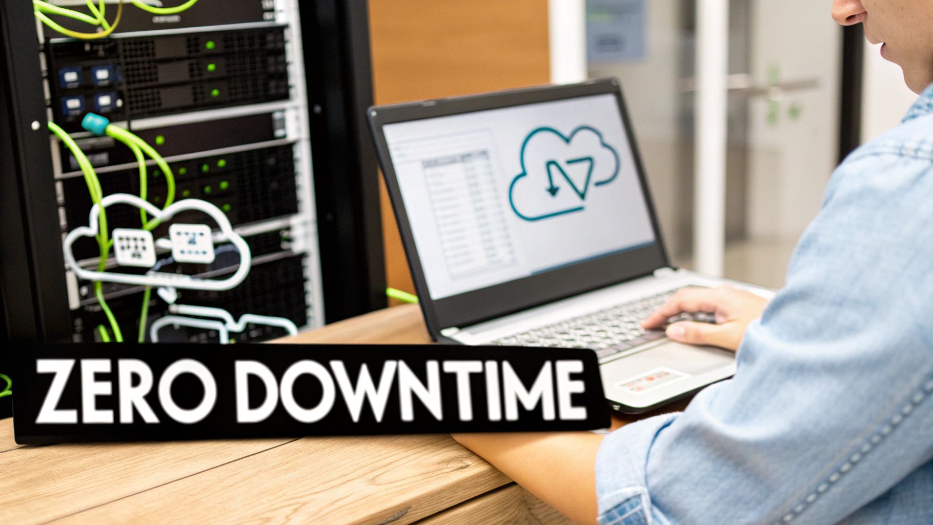 Person using a laptop displaying cloud computing services in a data center with a 'ZERO DOWNTIME' sign.