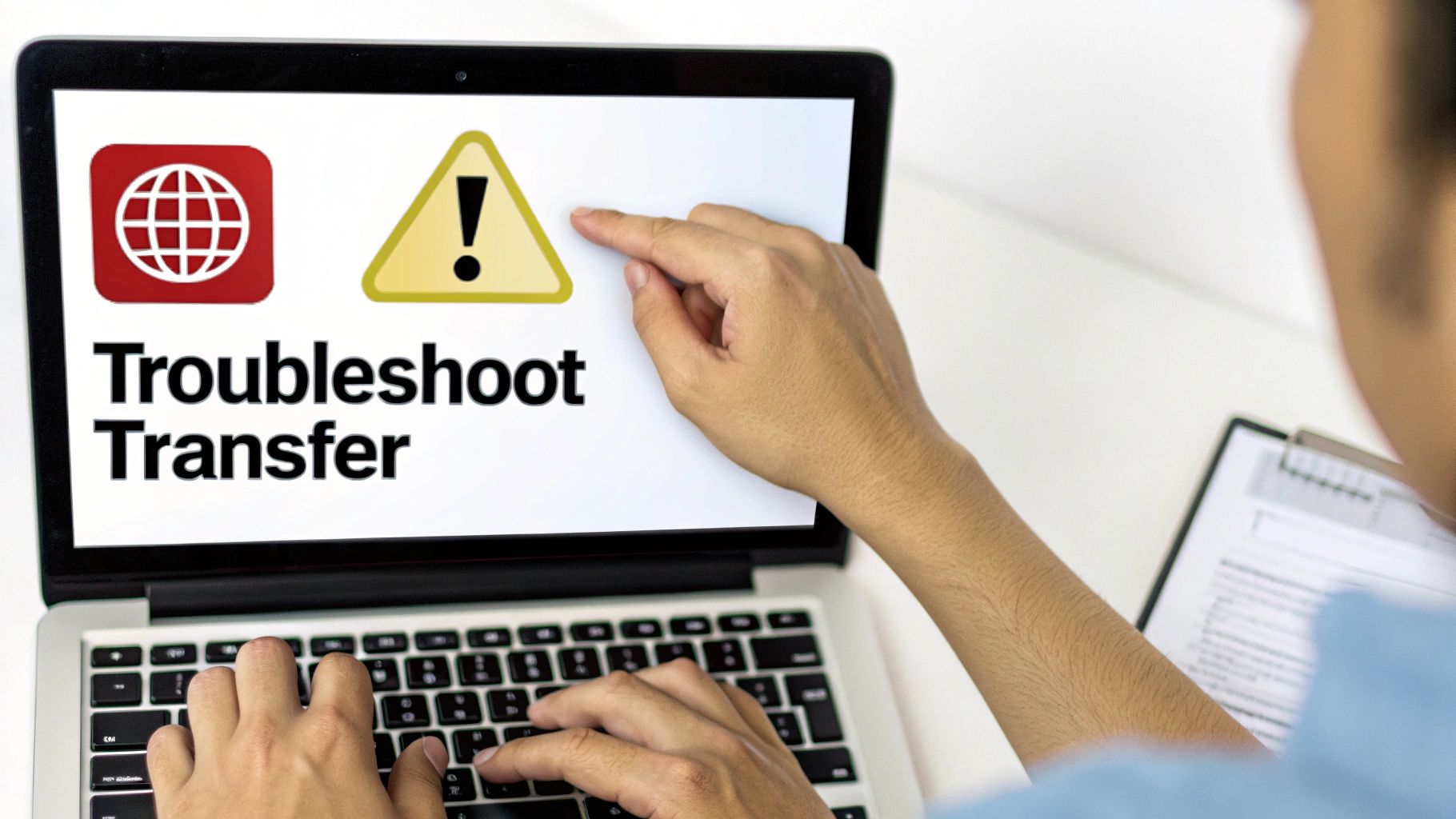 Person's hands on a laptop displaying 'Troubleshoot Transfer' with a warning icon.