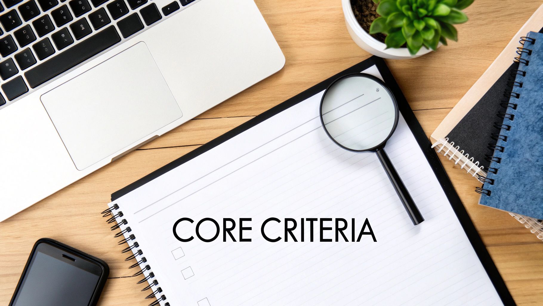 A flat lay of a modern workspace featuring a laptop, a notebook with 'CORE CRITERIA', a magnifying glass, and a smartphone.