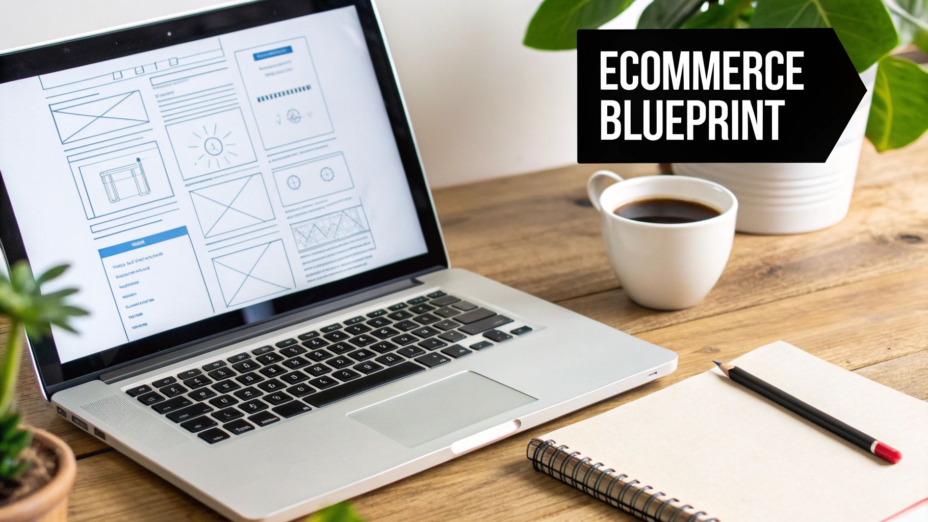 A laptop displaying an ecommerce website wireframe, coffee, and notebook on a wooden desk.