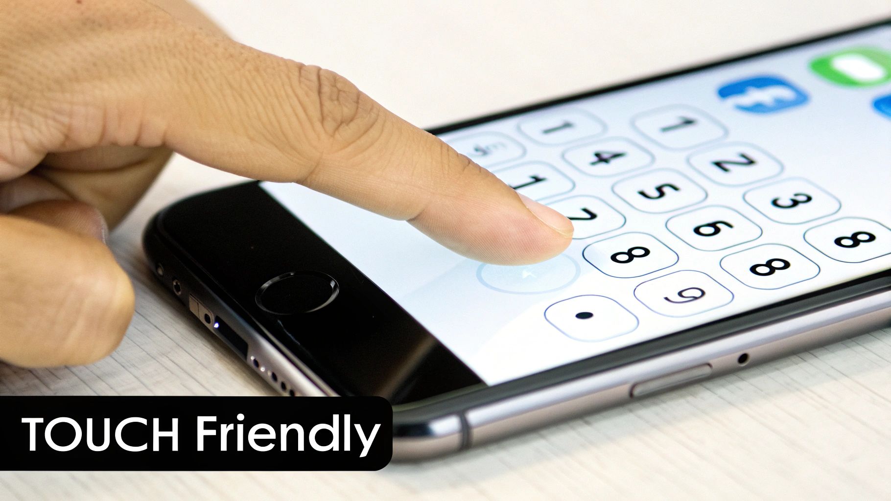 A person's finger pressing the '8' on a smartphone's touchscreen keypad, highlighting touch interaction.