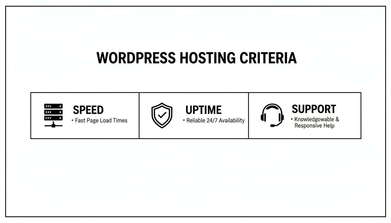 An infographic illustrating essential WordPress hosting criteria: speed, uptime, and support, with their respective benefits.