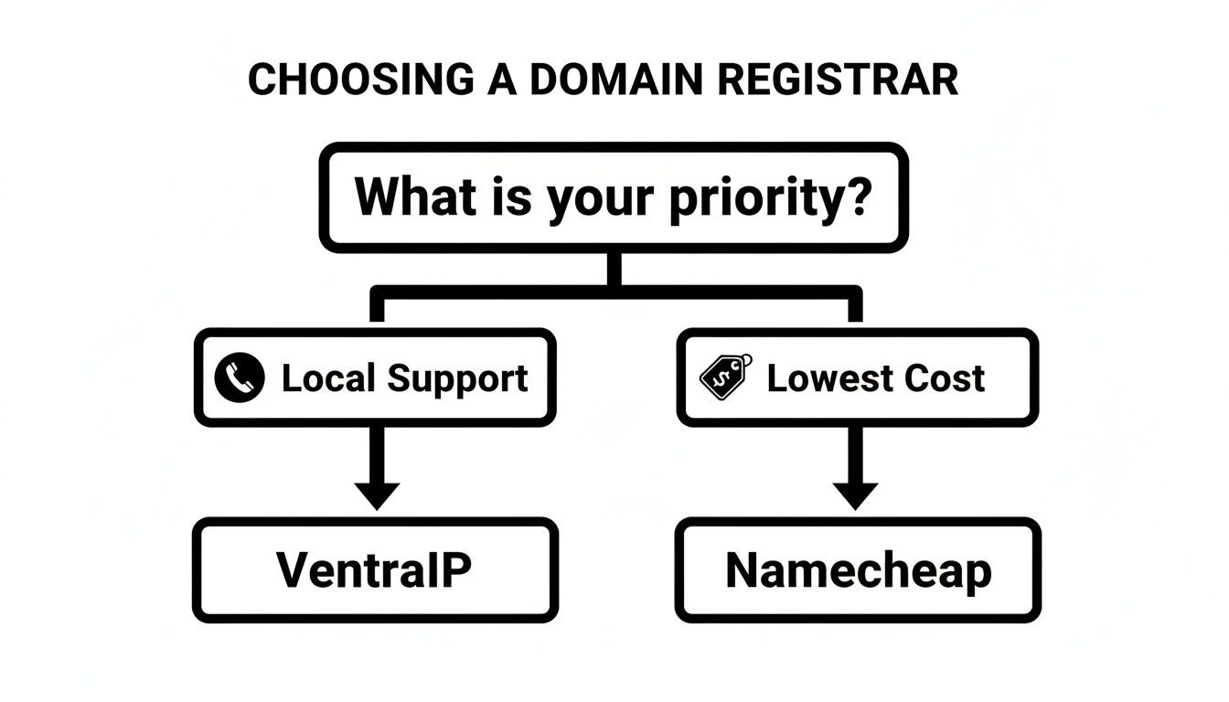 Flowchart to choose a domain registrar: VentralIP for local support, Namecheap for lowest cost.