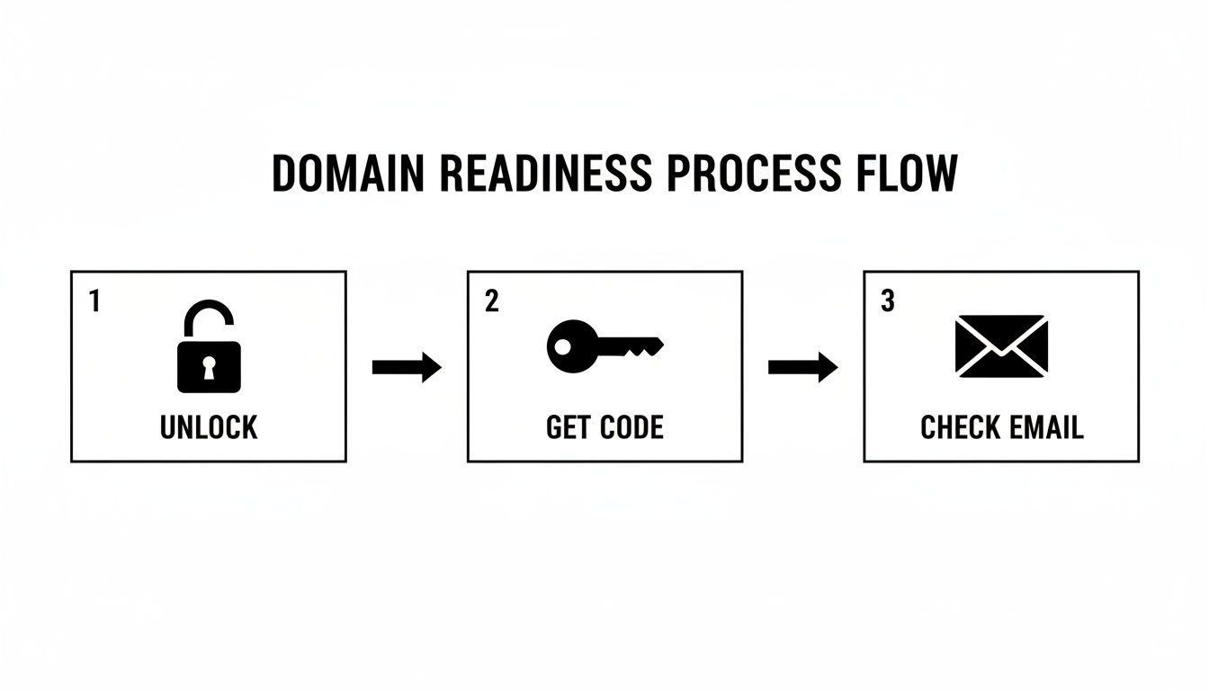 A three-step diagram showing the domain readiness process: unlock, get code, and check email.