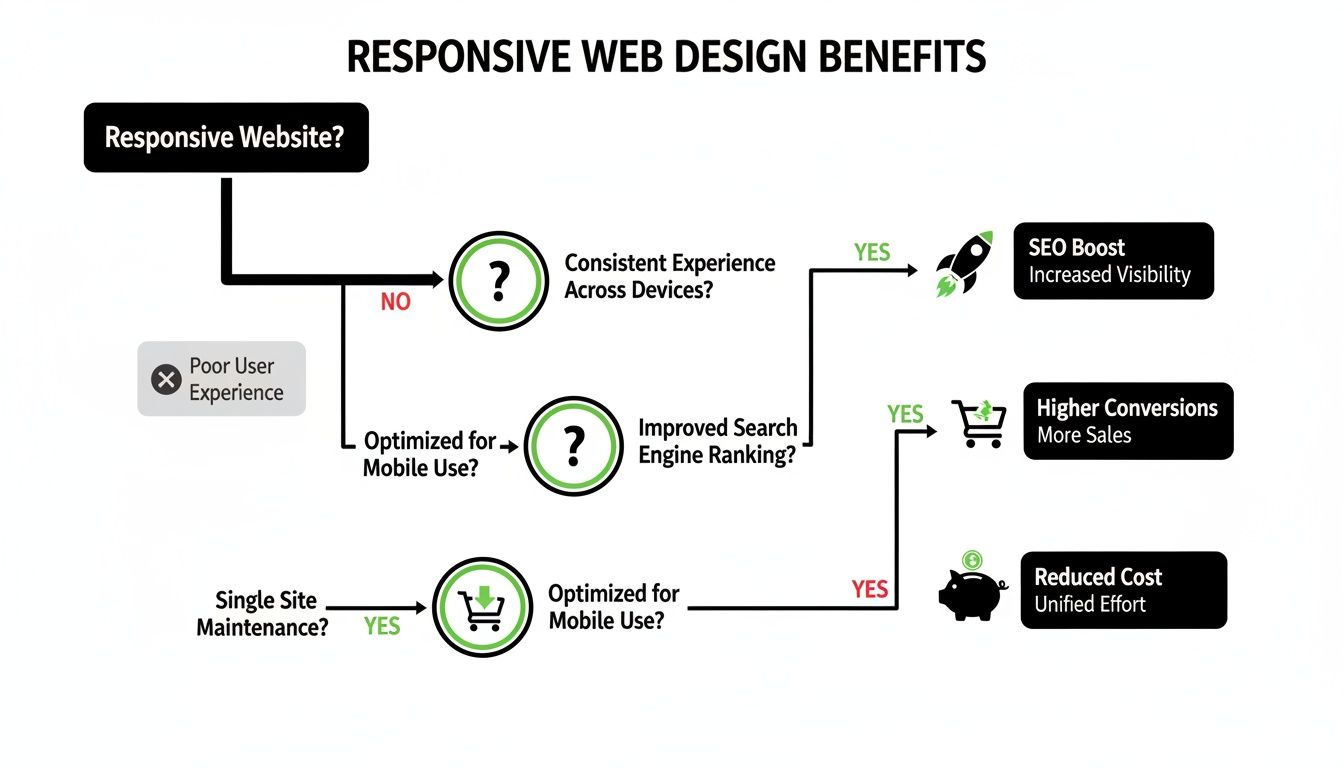 Flowchart illustrating the benefits of responsive web design, including improved SEO, higher conversions, and reduced costs.