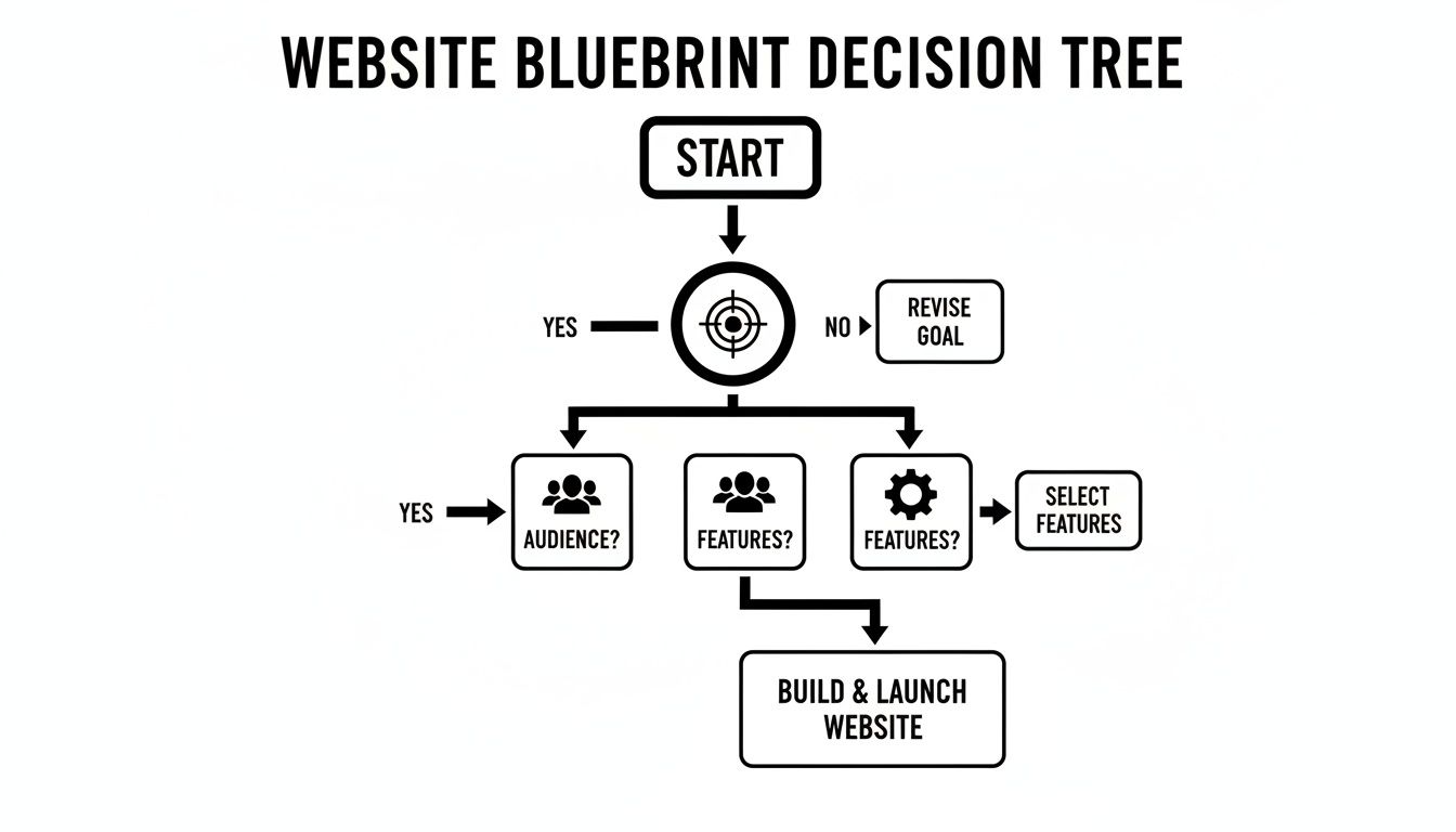 Decision tree flowchart guiding users through website blueprint steps, from starting and defining goals to selecting features and launching.  A Guide on How to Build a Website From Scratch in Australia how to build a website from scratch decision tree