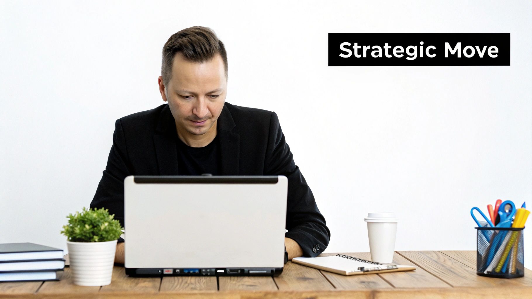 A man in a black jacket works intently on his laptop at a tidy wooden desk.