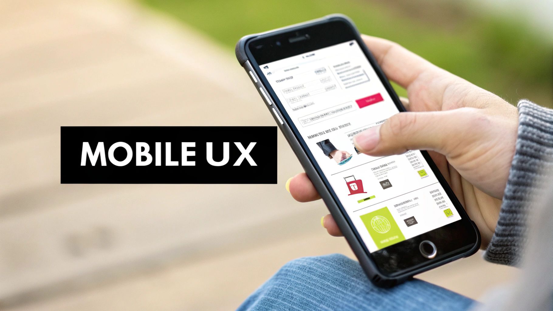 A hand interacts with a smartphone displaying an e-commerce website, highlighting mobile UX.