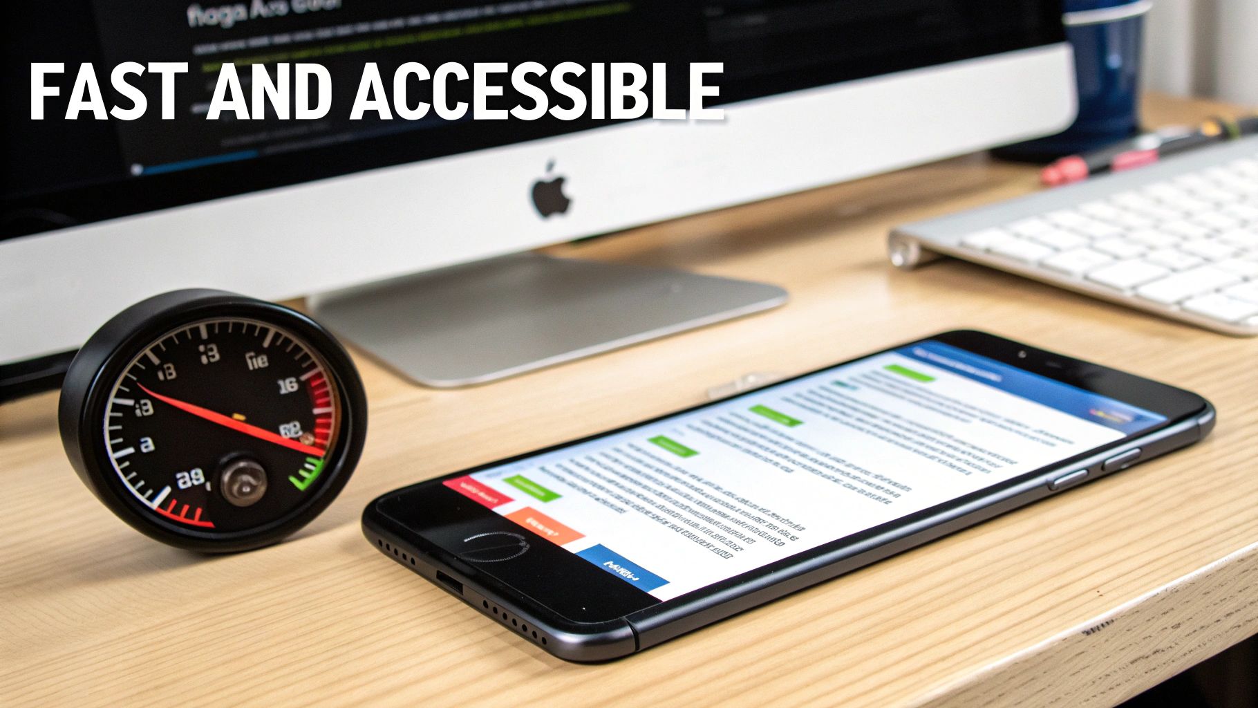 A desk with an iMac, keyboard, smartphone displaying content, and a performance gauge, with text 'FAST AND ACCESSIBLE'.