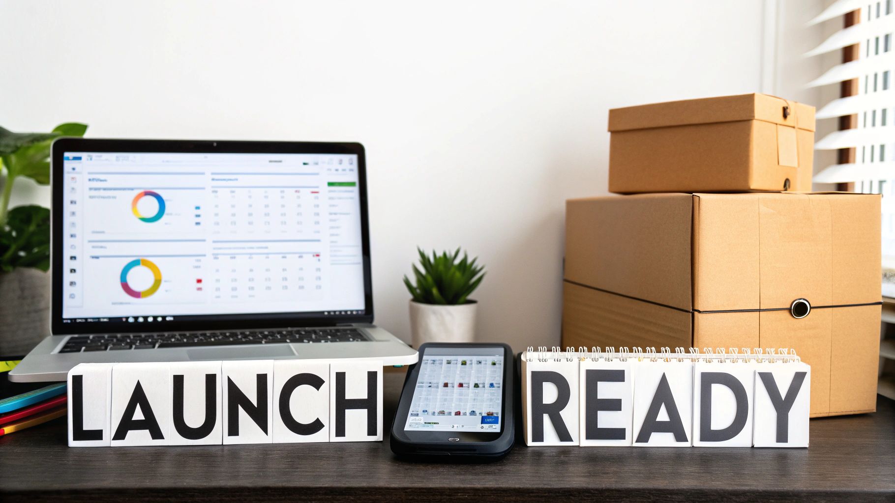 A desk with a laptop, tablet, "LAUNCH READY" blocks, and shipping boxes, indicating e-commerce business setup.