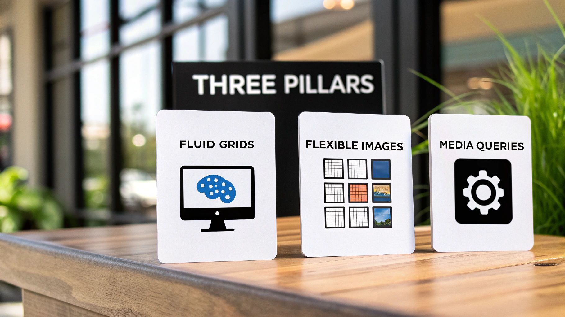 Three white cards on a wooden table illustrating the three pillars of responsive web design: Fluid Grids, Flexible Images, and Media Queries.