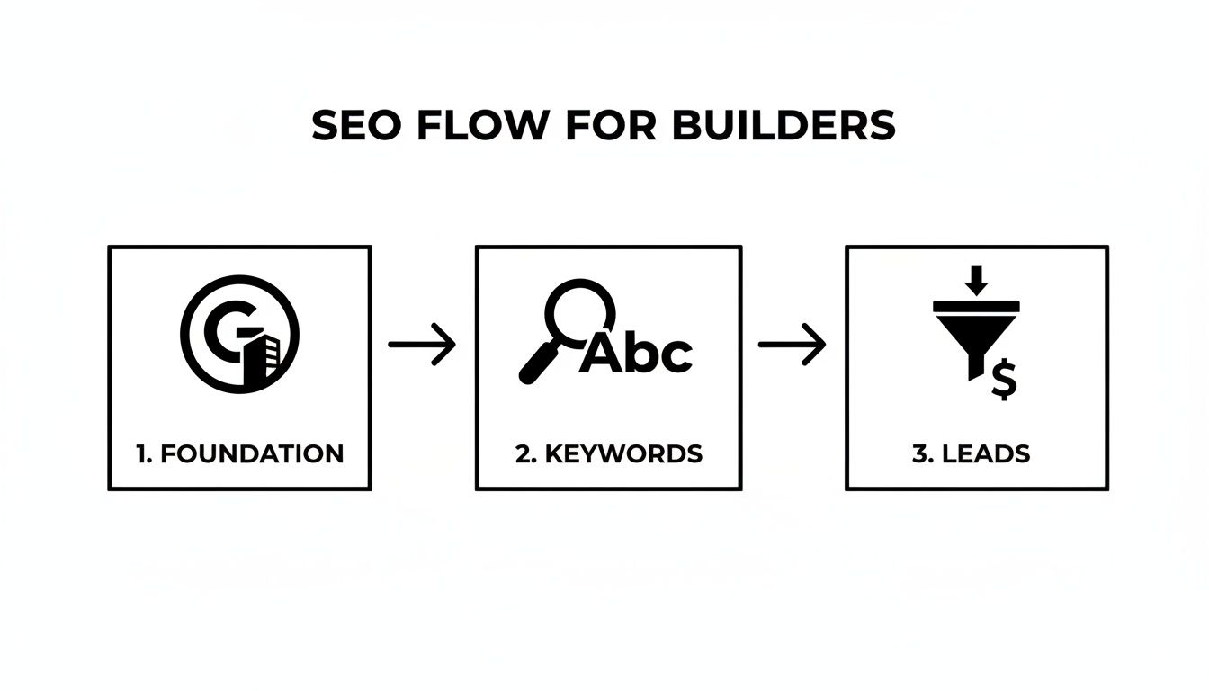 A three-step diagram illustrating the SEO flow for builders: Foundation, Keywords, and Leads.