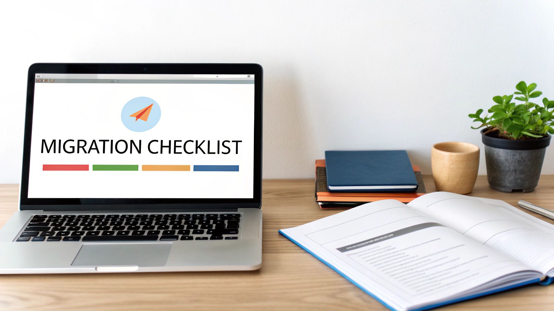 A laptop displays 'MIGRATION CHECKLIST' with a paper airplane icon on a wooden desk with office supplies.
