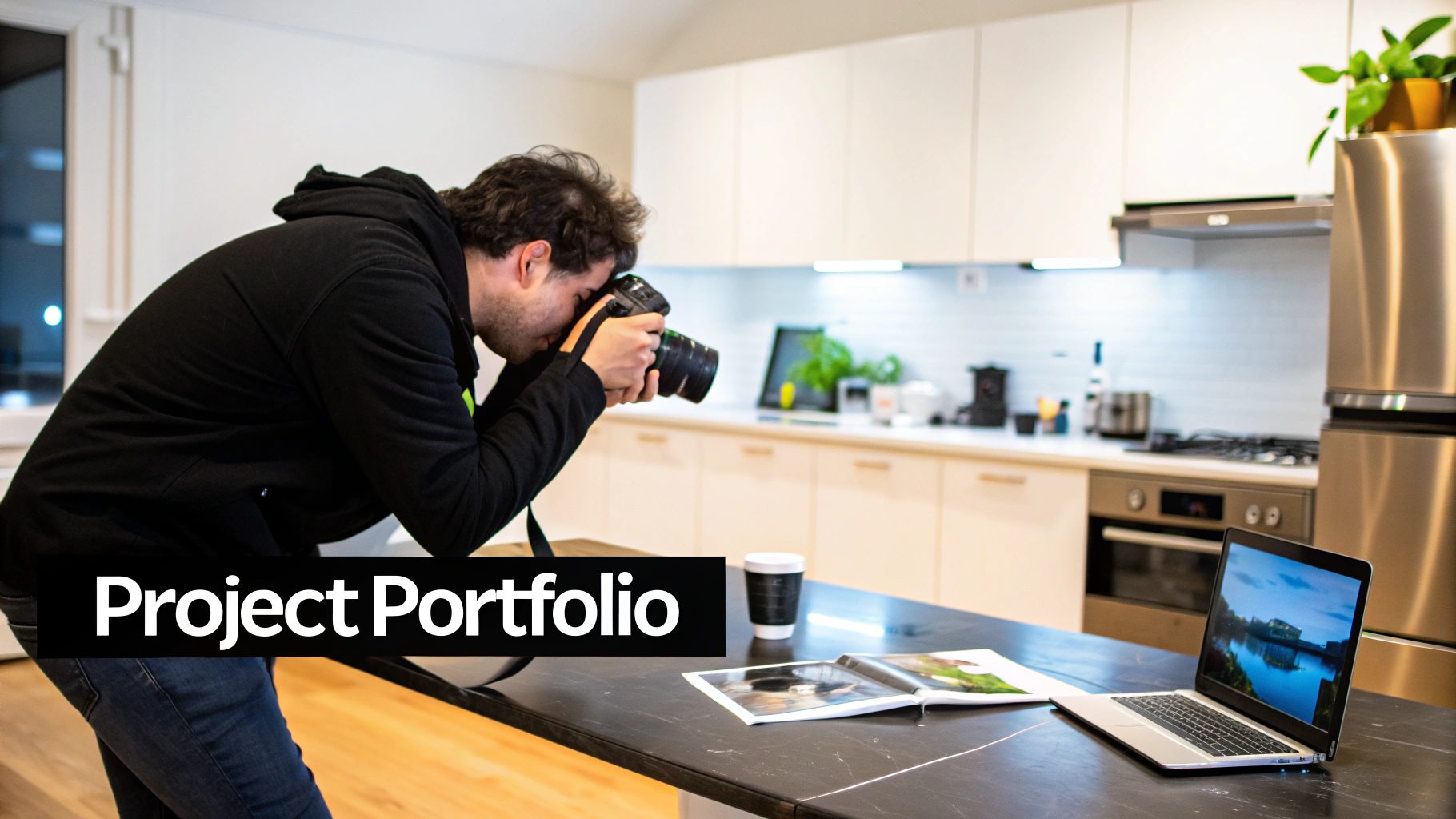 Photographer in a modern kitchen capturing content with a DSLR, next to a laptop and portfolio.