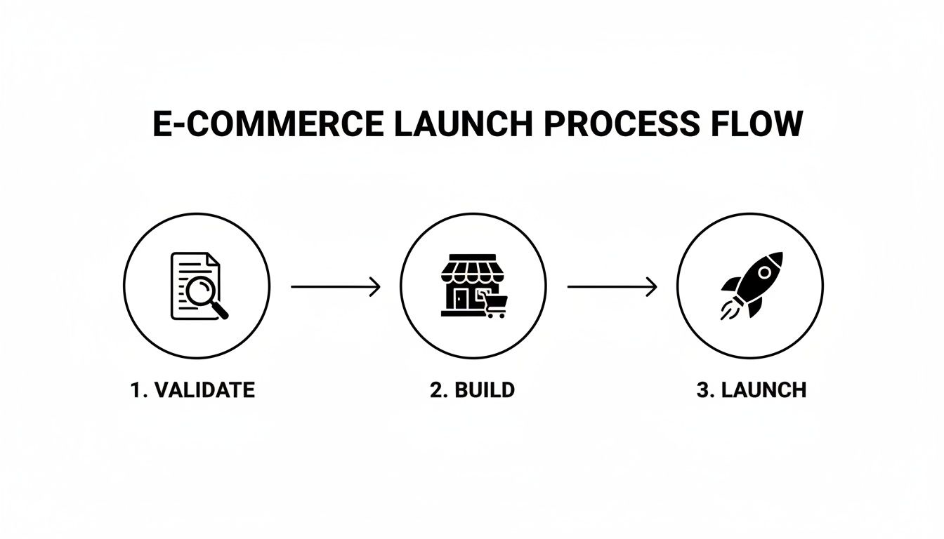 An e-commerce launch process flow illustrating three steps: validate, build, and launch, with corresponding icons.