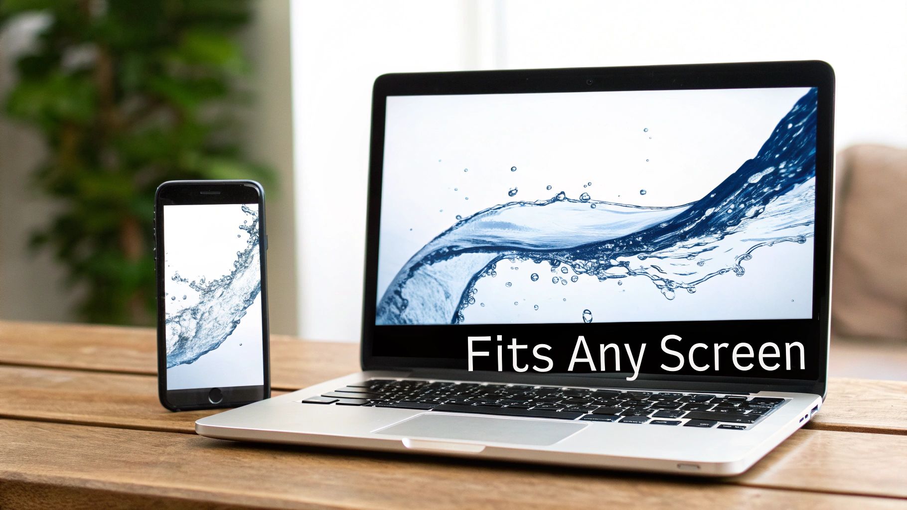 A laptop and smartphone on a wooden table displaying a water splash, with text 'Fits Any Screen' on the laptop.