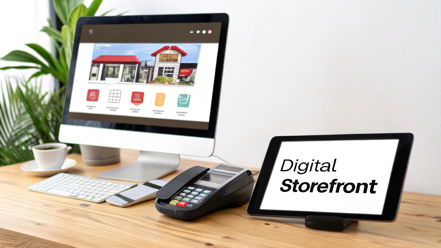 A desk setup with a computer displaying an e-commerce website and a tablet showing 'Digital Storefront'.