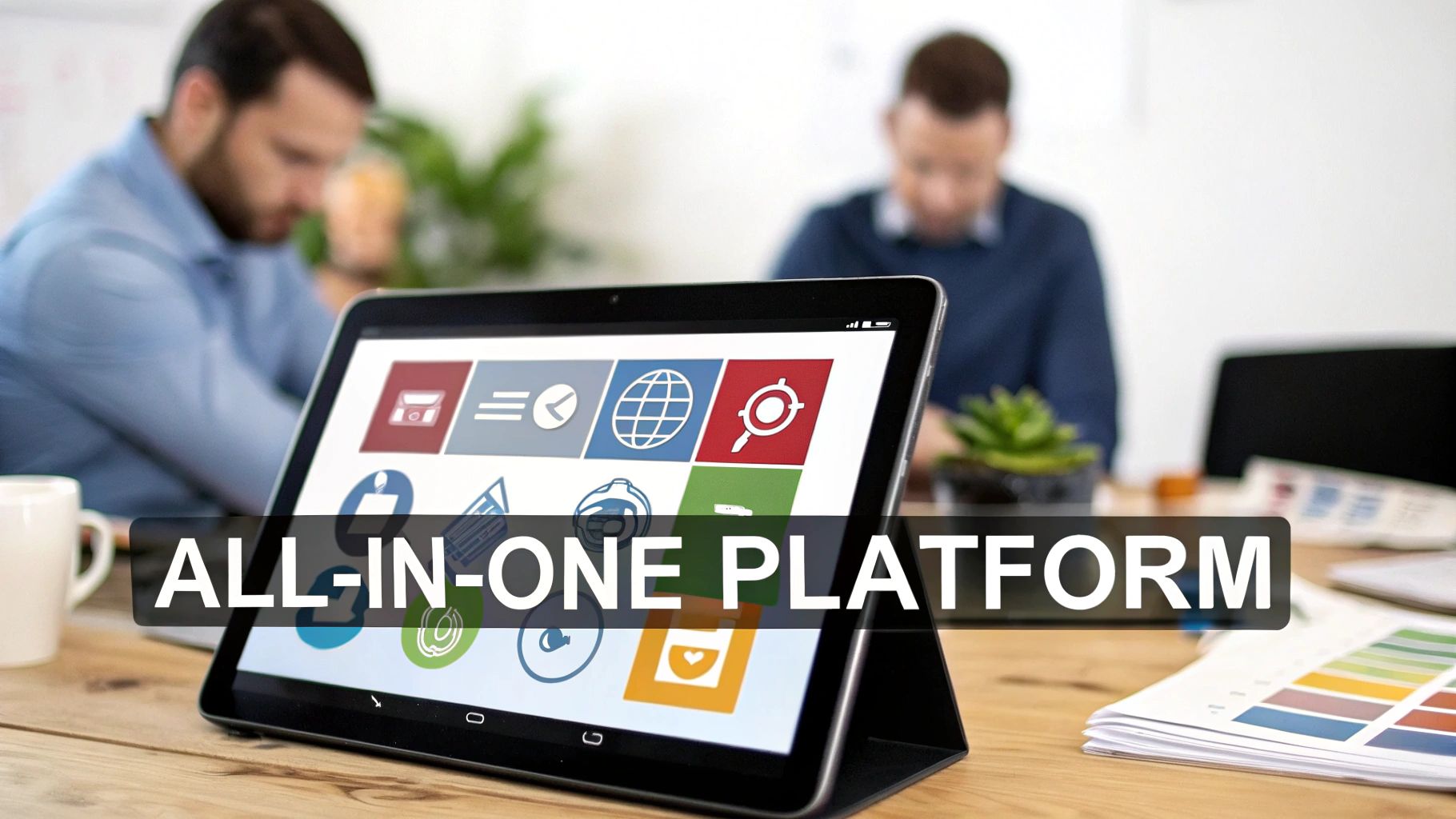 A tablet displaying an 'ALL-IN-ONE PLATFORM' interface with various app icons, on a desk in an office.