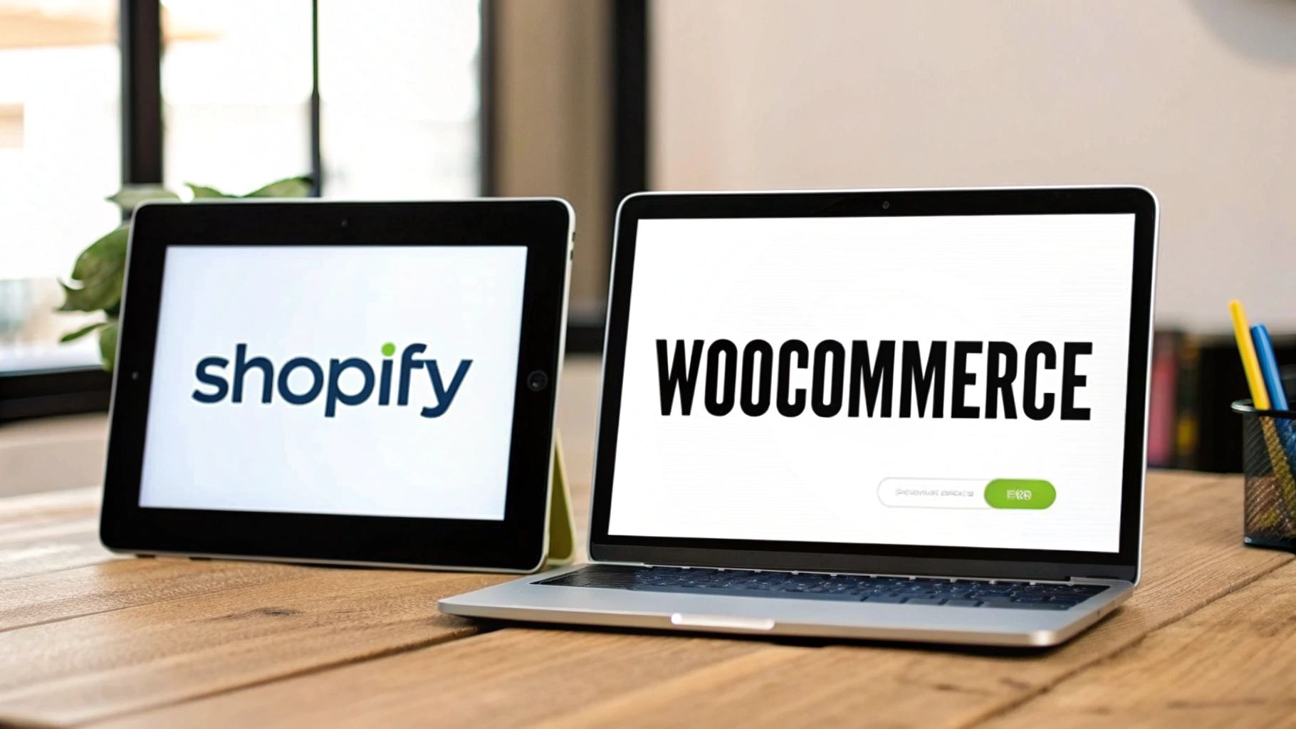 Tablet displaying Shopify and laptop showing WooCommerce logos on a wooden table, representing e-commerce platforms.