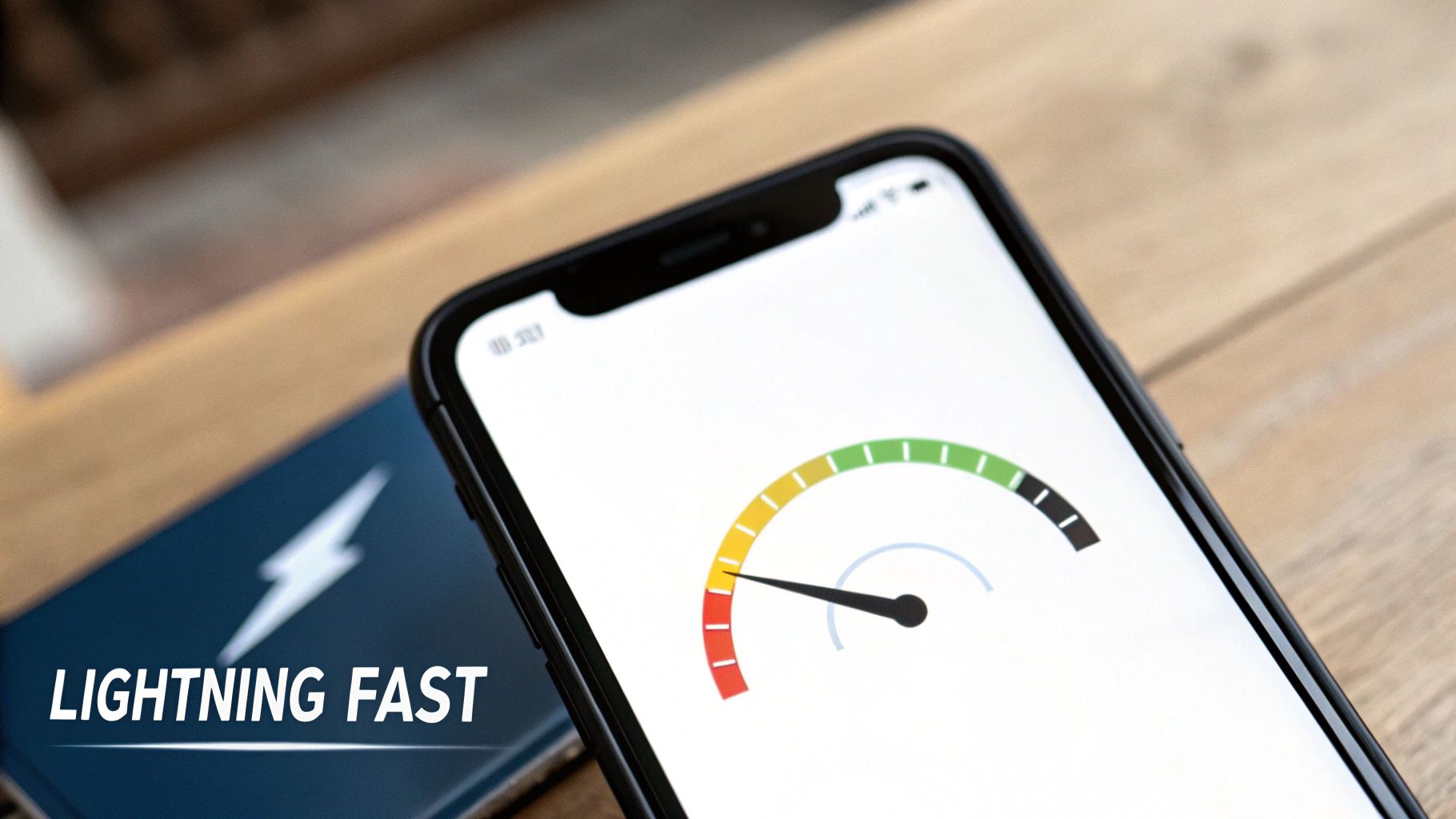 A smartphone screen displays a speed gauge with the needle in the fast green zone, indicating high performance, next to the text 'LIGHTNING FAST'.