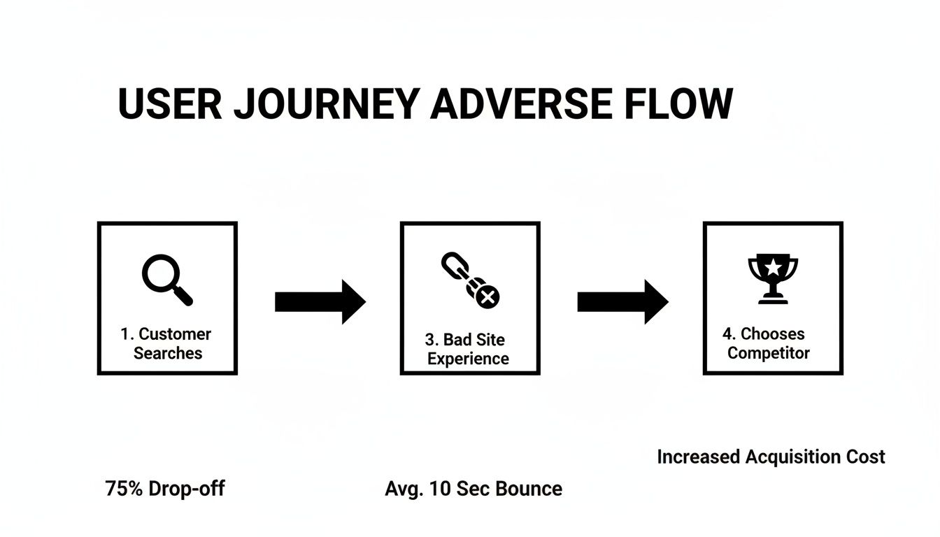 User journey flowchart showing customer searches, bad site experience, and competitor choice, resulting in drop-offs.