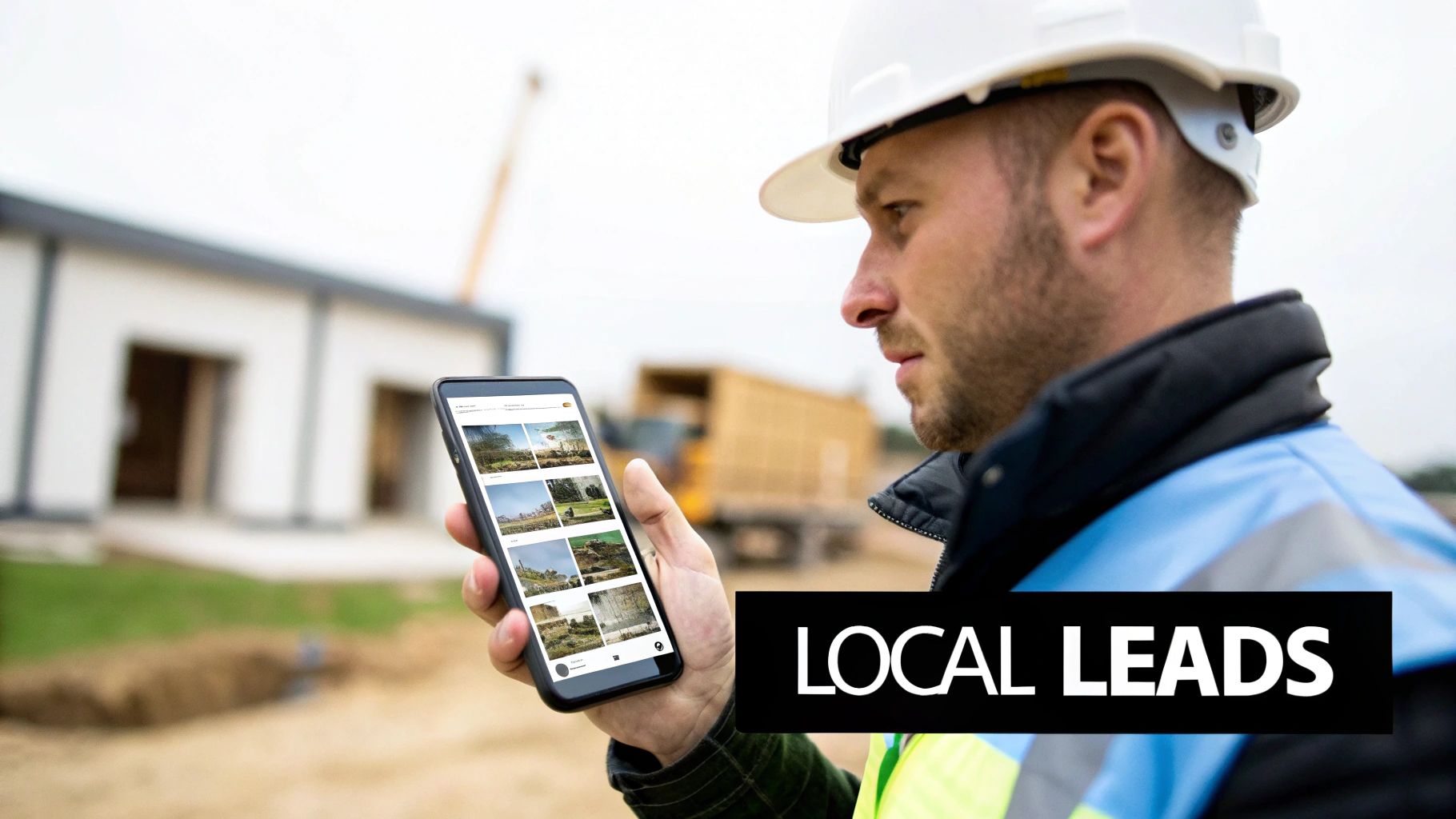 A construction worker in a hard hat reviews project images on a smartphone at a building site.