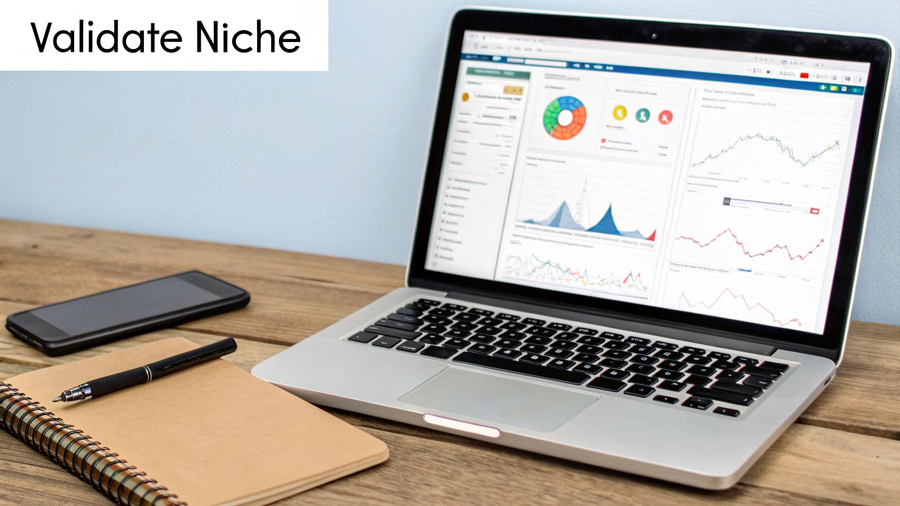 A laptop screen displays business analytics charts and data, with a notebook, pen, and smartphone on a wooden desk, symbolizing niche validation.