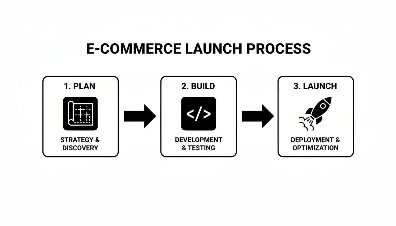 Diagram illustrating the 3-step e-commerce launch process: Plan, Build, and Launch.
