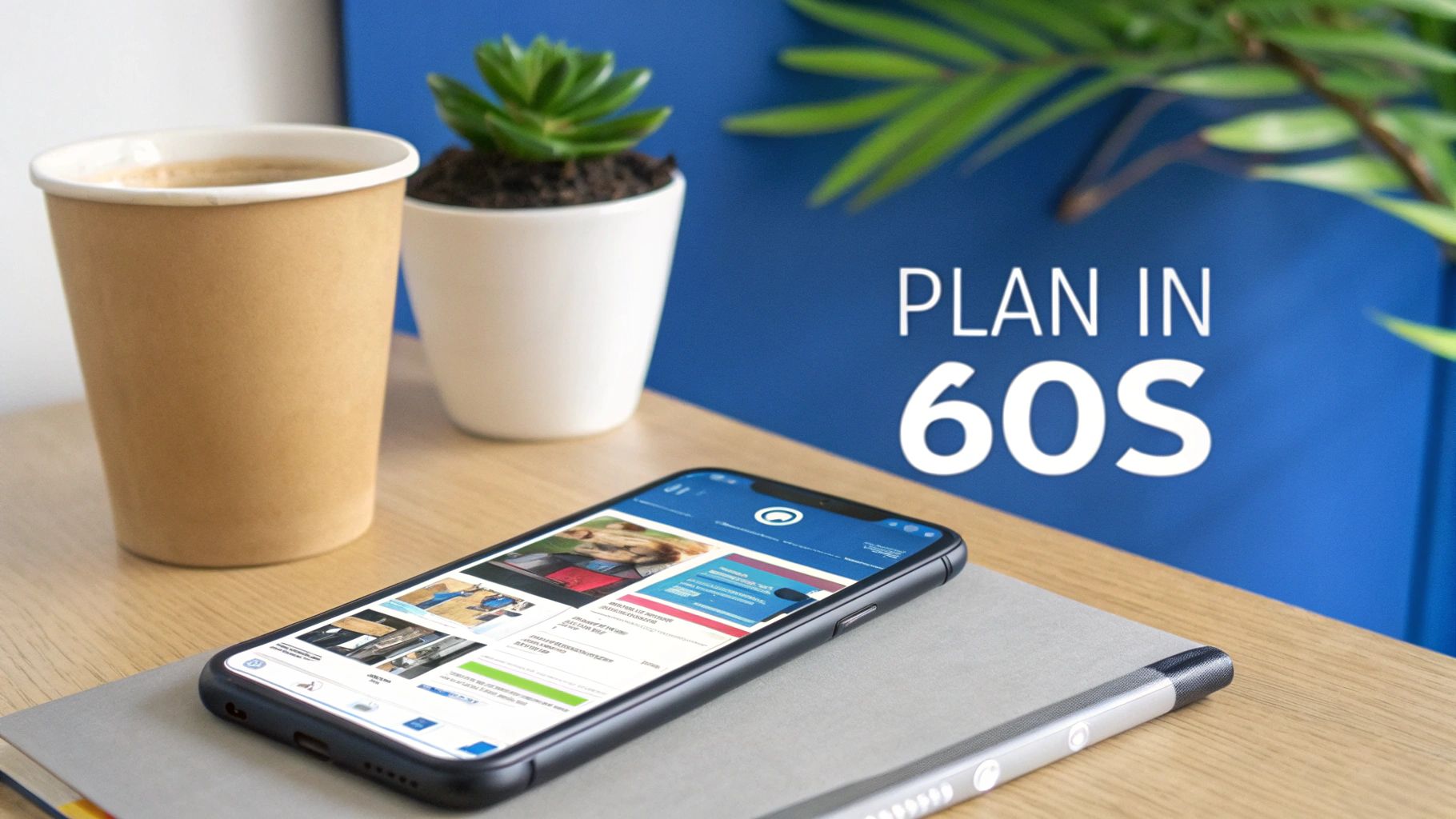A desk flat lay with a smartphone showing an app, coffee cup, plant, and 'PLAN IN 60S' text.