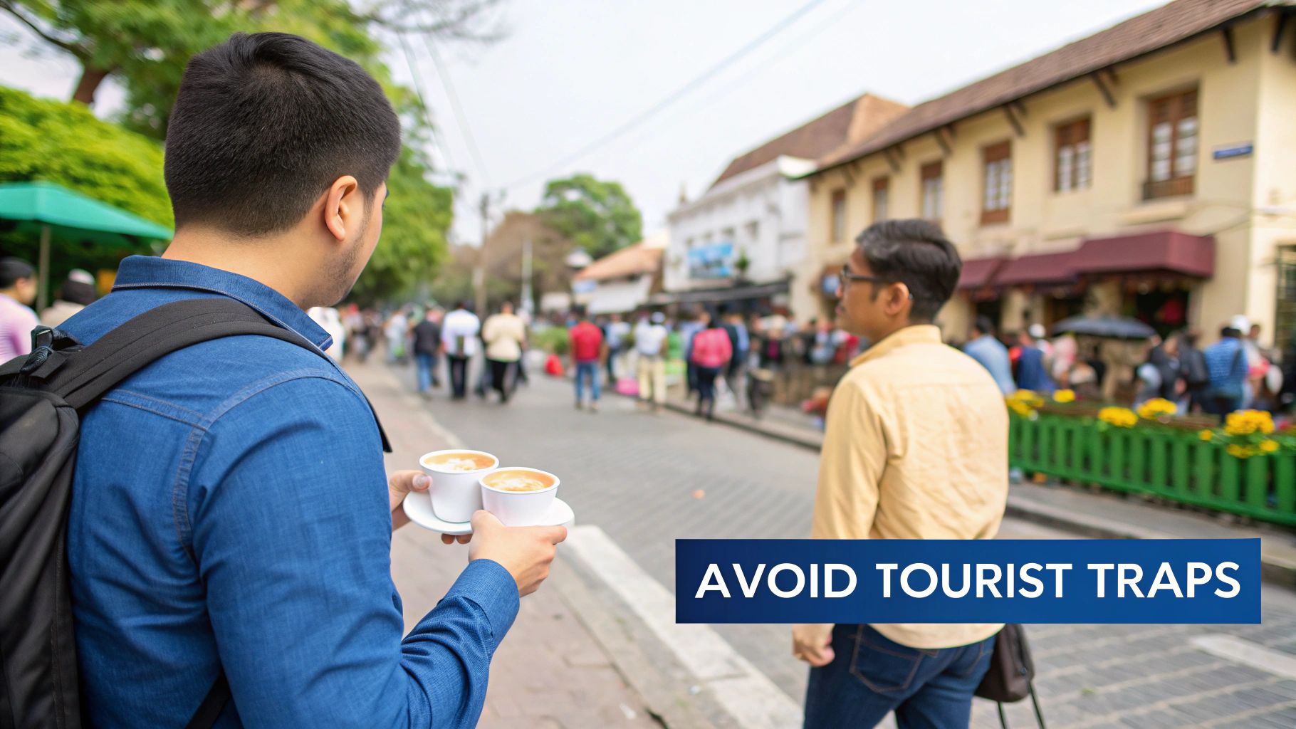 Man holding two coffee cups on a busy street with traditional buildings, overlay text says 'AVOID TOURIST TRAPS'.