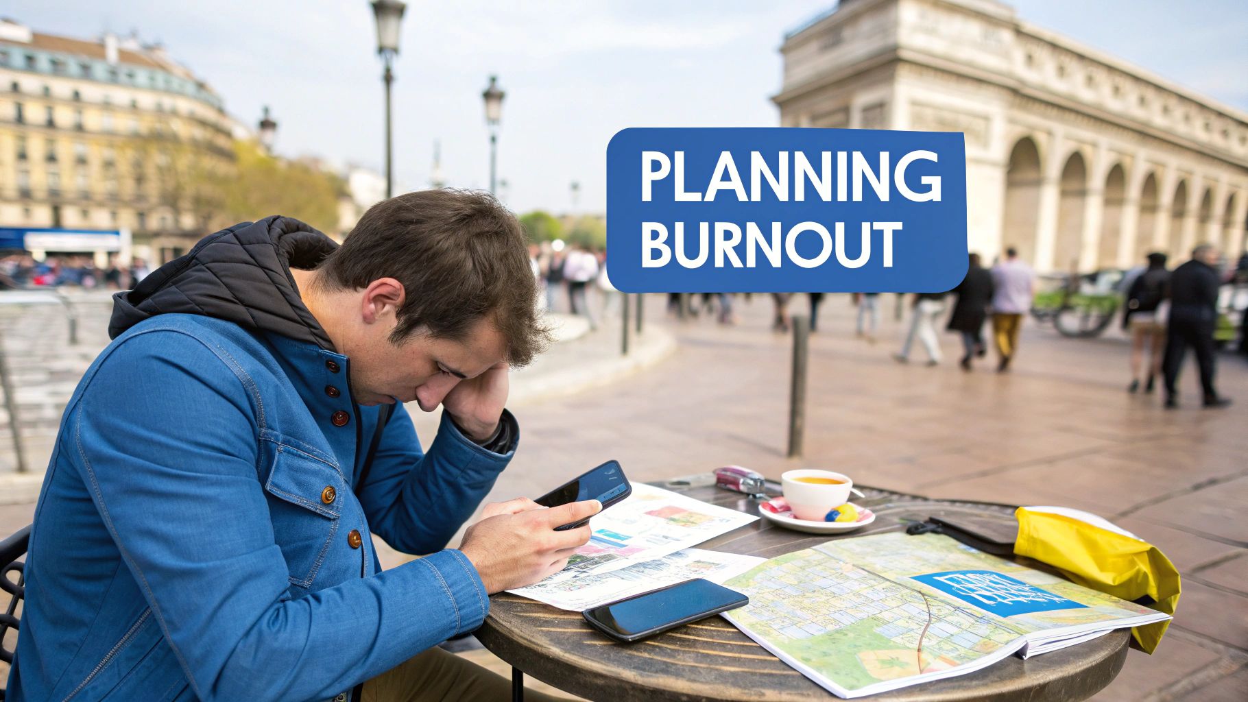 A man looking stressed while using his phone, surrounded by maps and documents, indicating travel planning burnout.