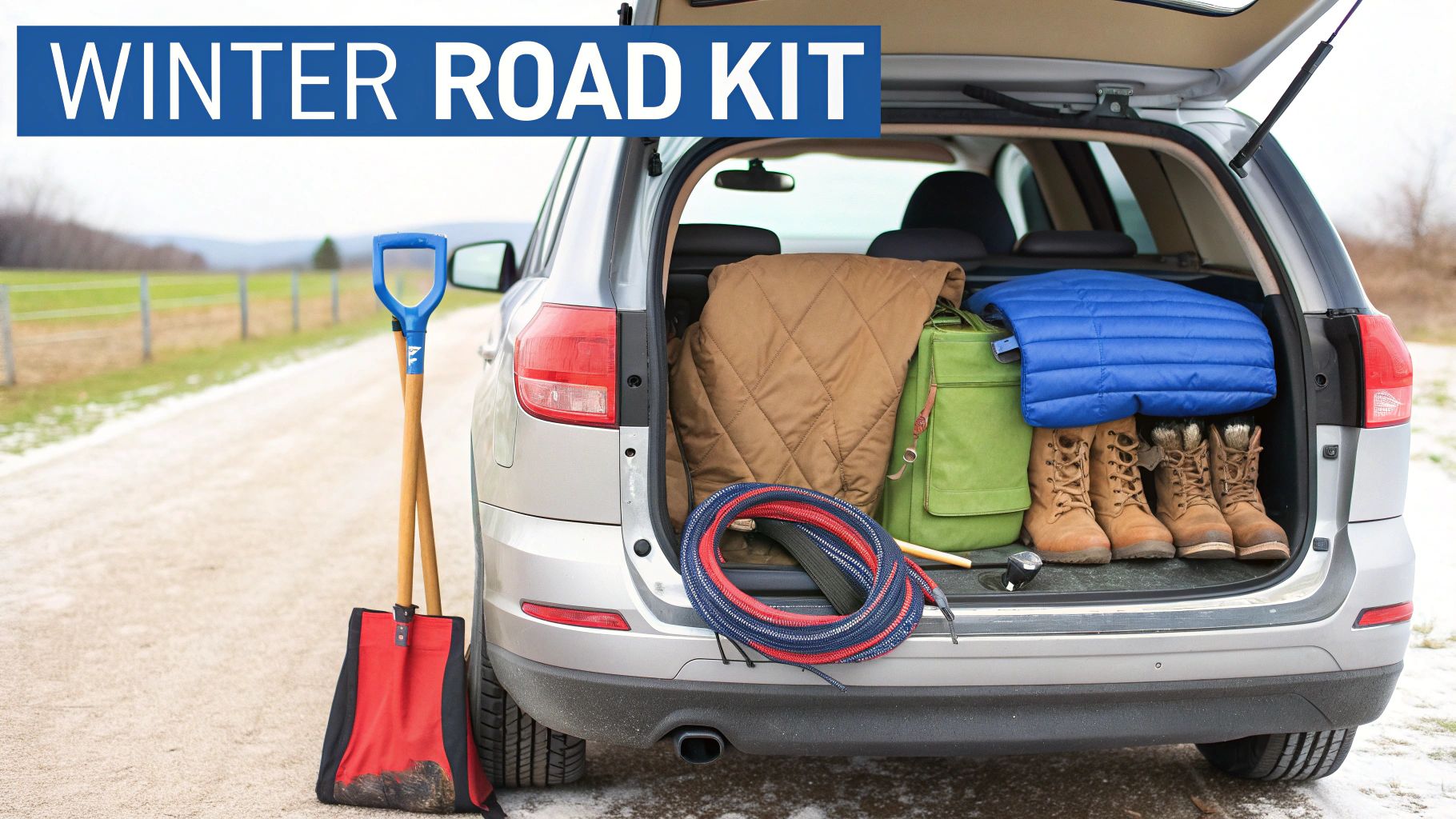 Winter road kit essentials in an SUV trunk, including blankets, boots, ropes, and shovels.