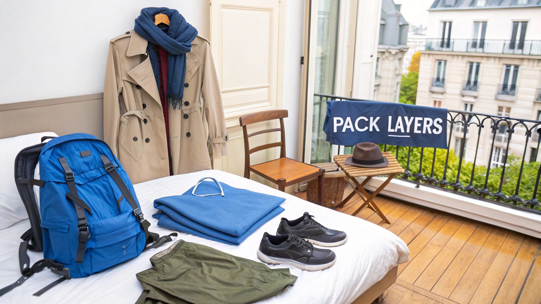 Travel essentials for packing layers, featuring a trench coat, backpack, and sneakers in a hotel room.