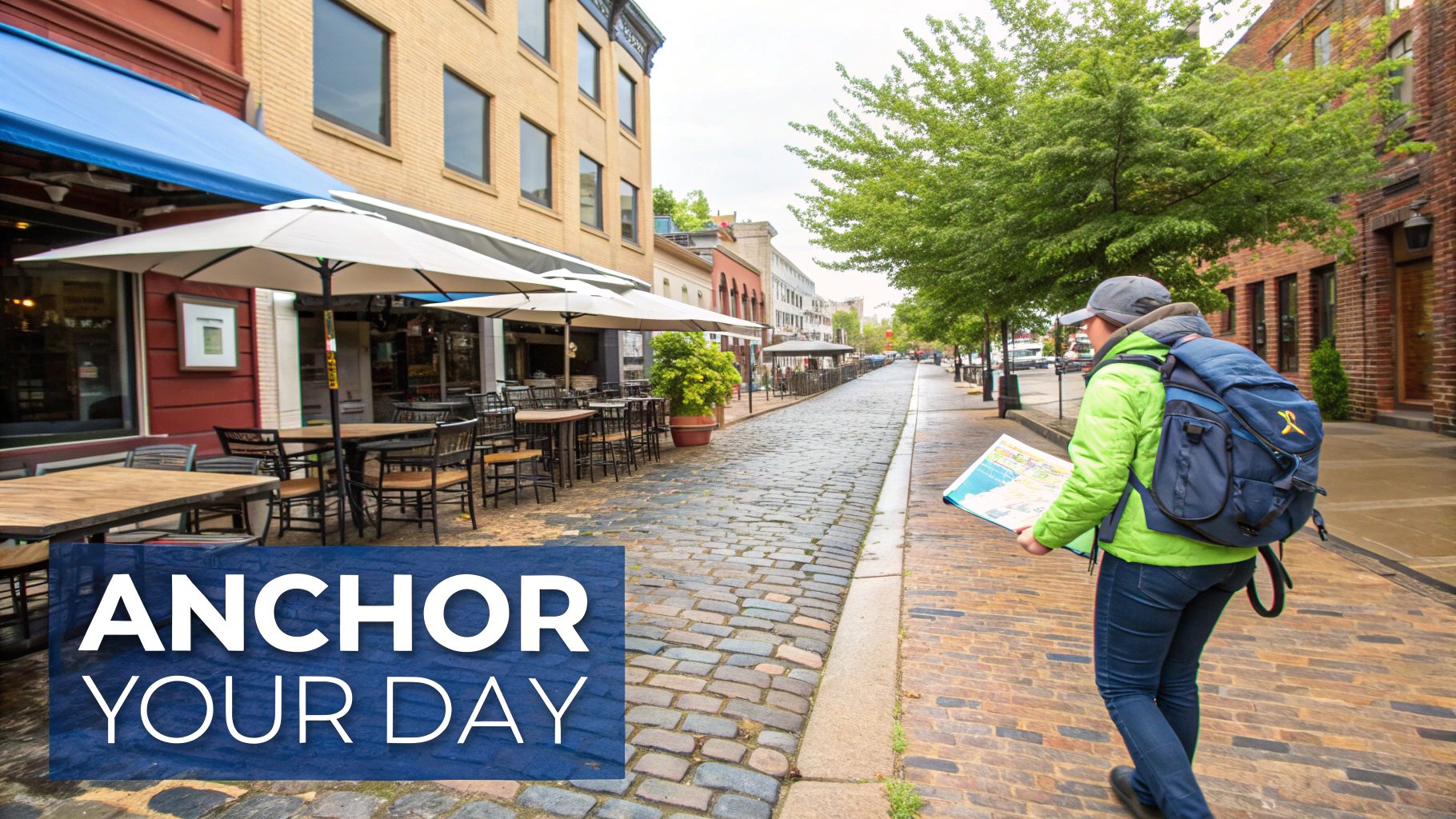 A person with a backpack and map walks along a charming cobblestone street with outdoor cafes.