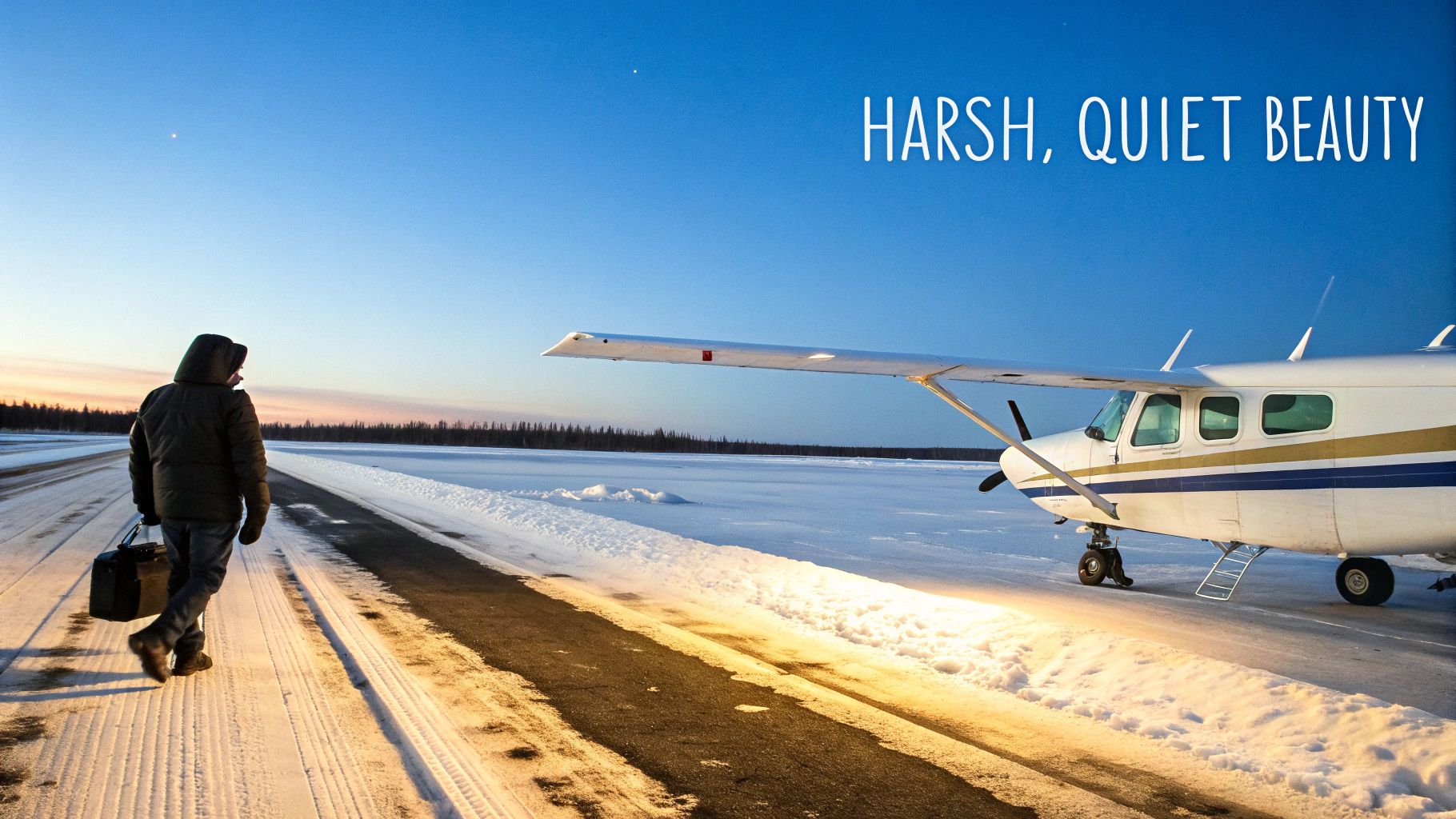 A person in a winter coat walks on a snowy path towards a parked small airplane at sunset.