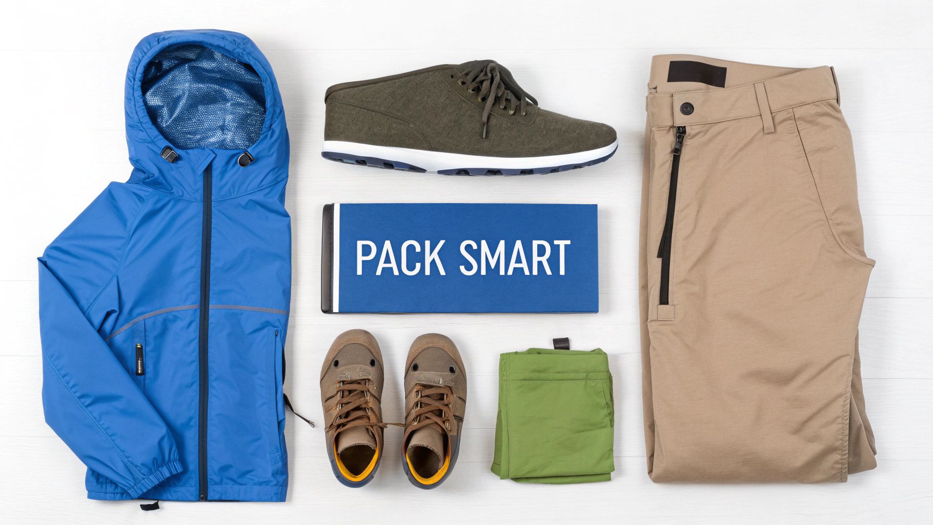 Flat lay of essential travel clothing: blue jacket, khaki pants, two two pairs of shoes, and 'PACK SMART' sign.