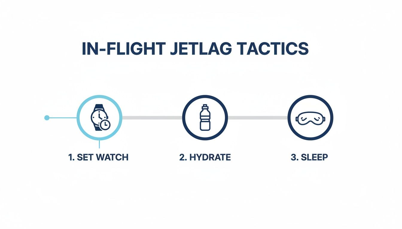 Infographic showing three key in-flight jetlag tactics: setting watch, hydrating, and getting sleep.