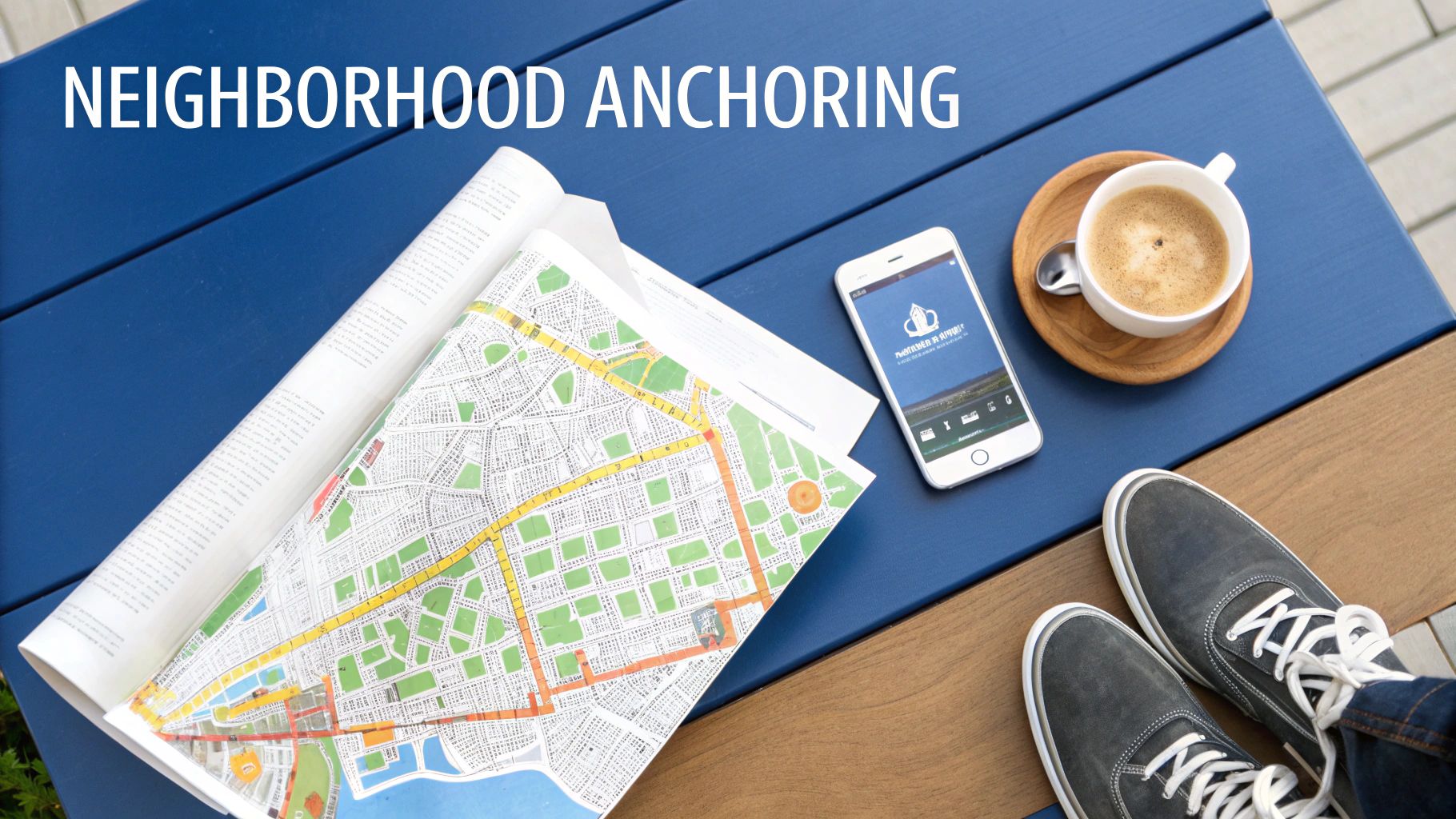 Overhead shot of a map, smartphone, coffee, and person's shoes on a blue table, titled "NEIGHBORHOOD ANCHORING".
